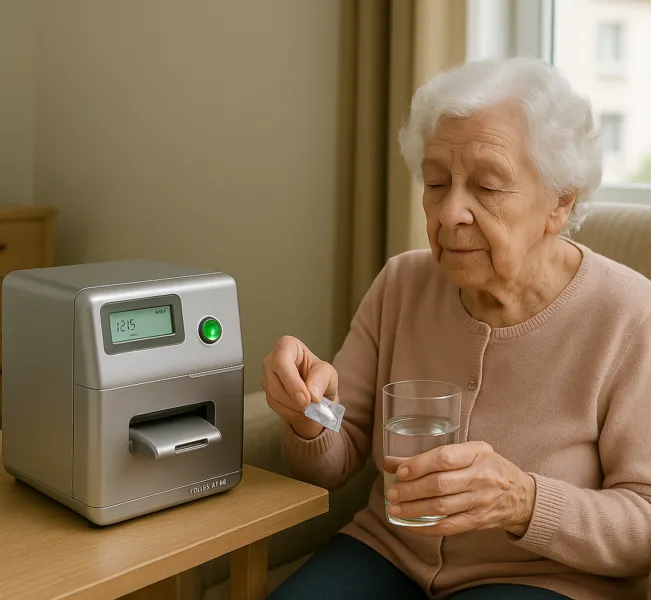 Client neemt zelf medicatie in met behulp van een medicijndispenser.