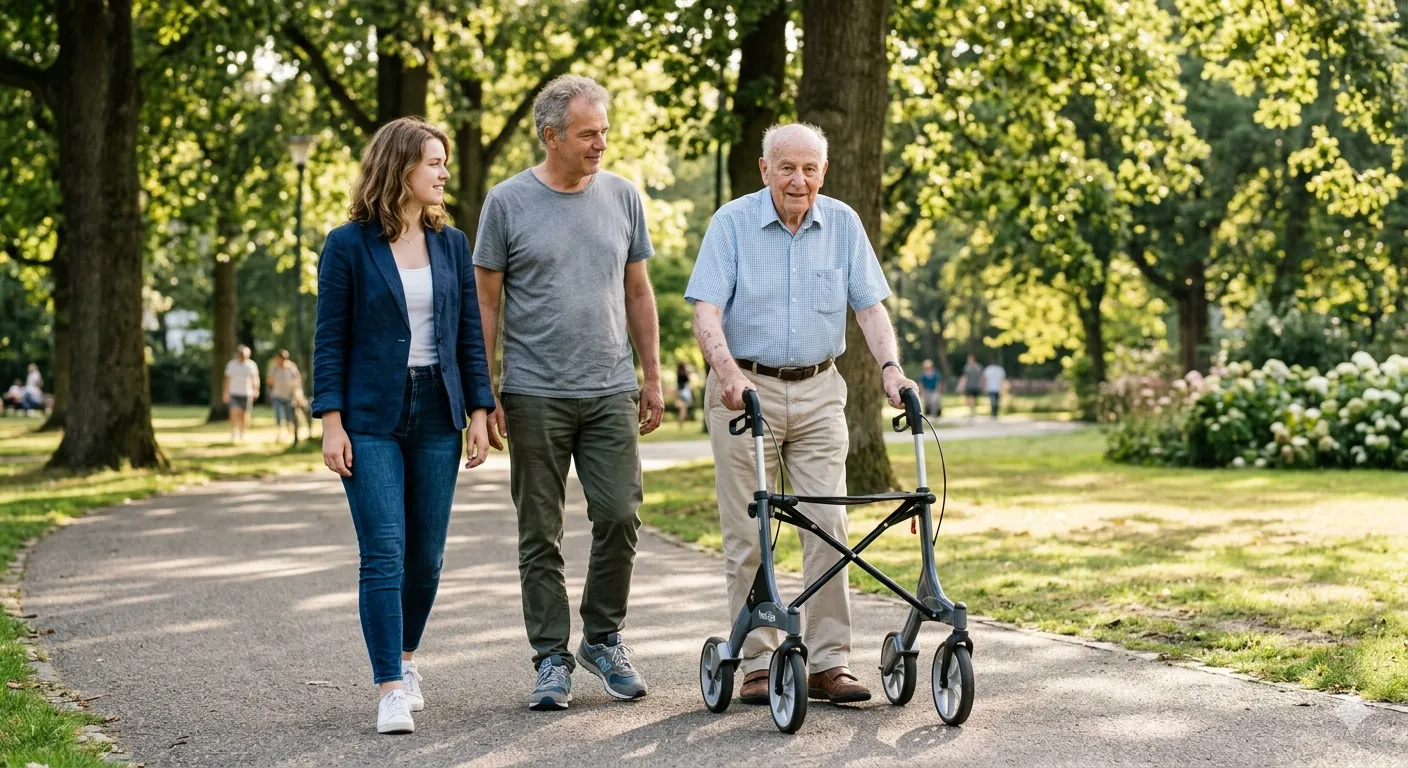 Twee naasten lopen met client in een park
