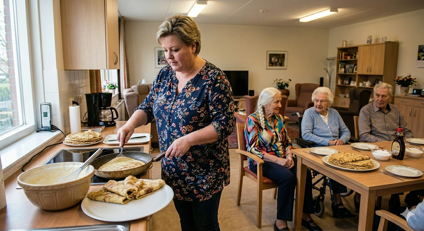 Naaste bakt pannenkoeken voor de cliënten