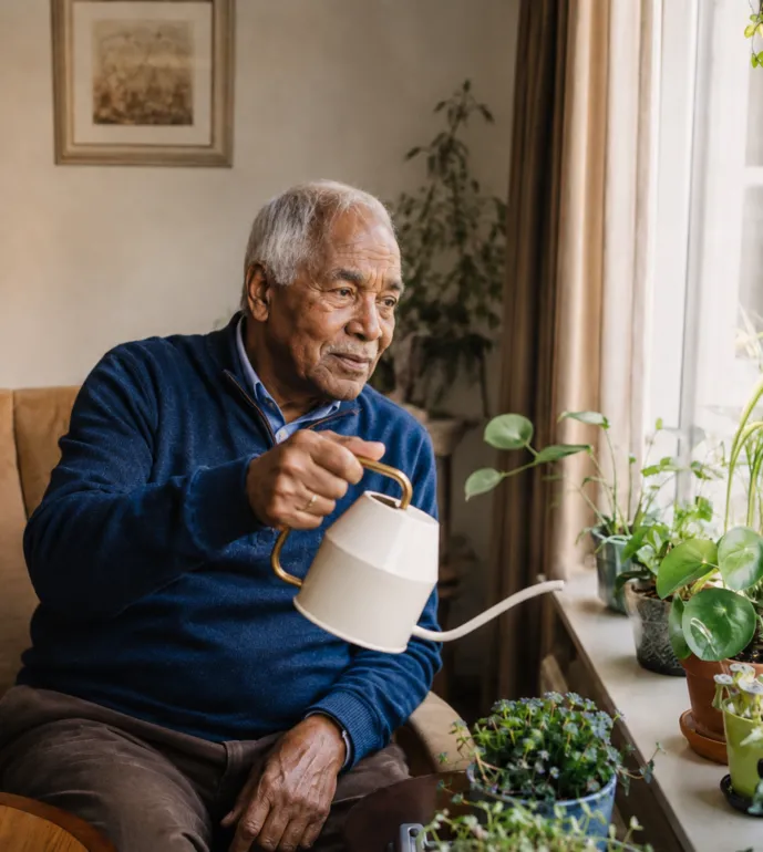 Een cliënt geeft zelf de planten op zijn appartement water,