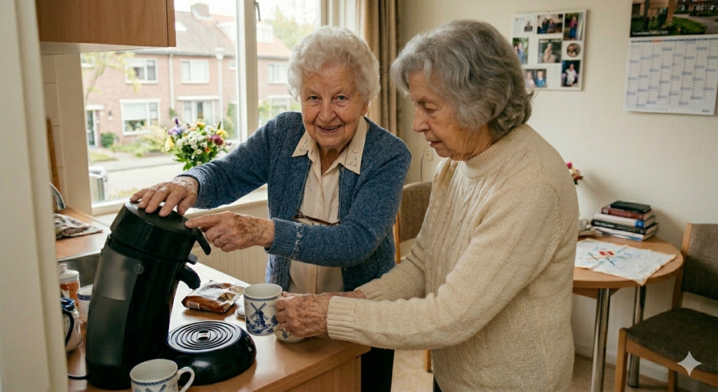Twee dames zetten samen een kopje koffie