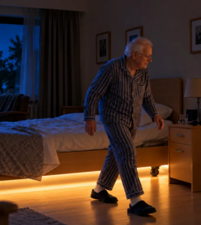 Lichtsensor gaat aan omdat een oudere man uit bed stapt
