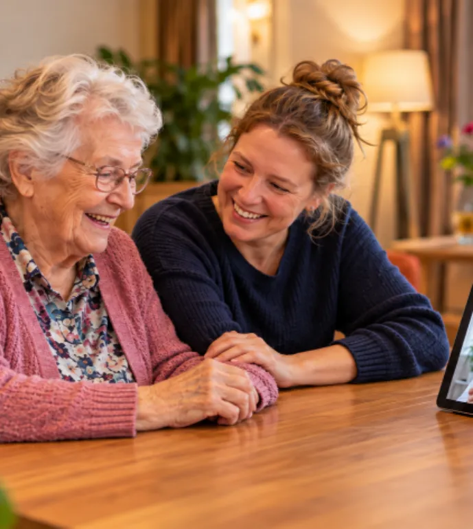 Dochter en moeder videobellen met de huisarts